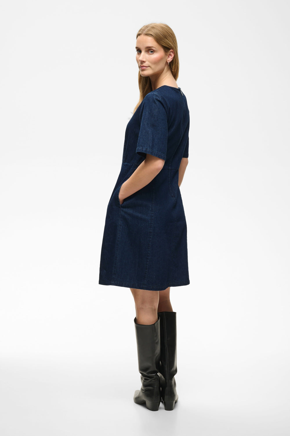 Women's short blue denim dress, front view Part Two