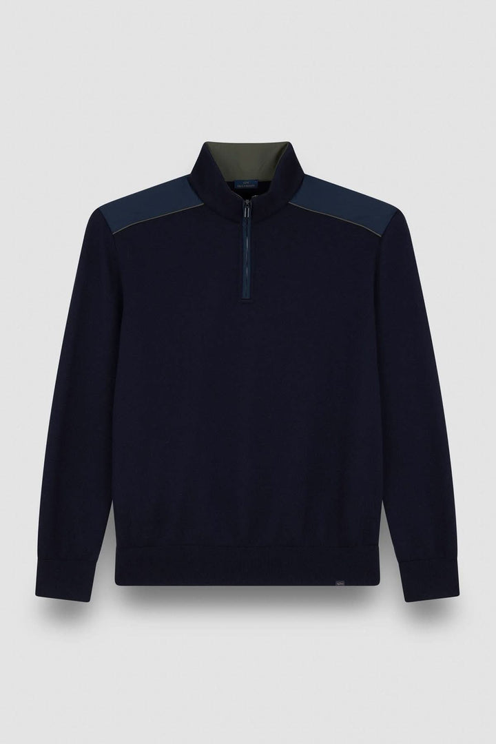 Chandail en tricot à col zippé, détails contrastants aux épaules, style décontracté et élégant.