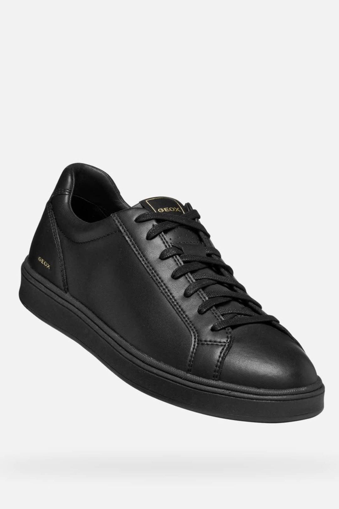 Vue de côté sneakers Geox homme en cuir noir à lacets, détails perforés - Valérie Simon