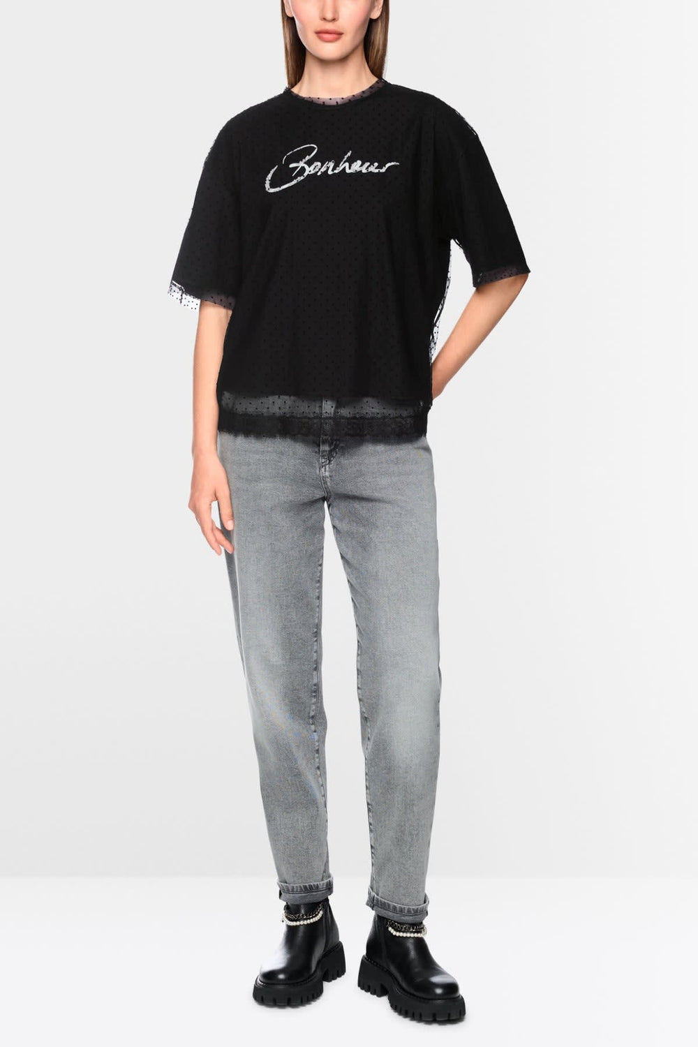 Black 2-in-1 T-shirt with lace and beads, front view, for women by Marc Cain