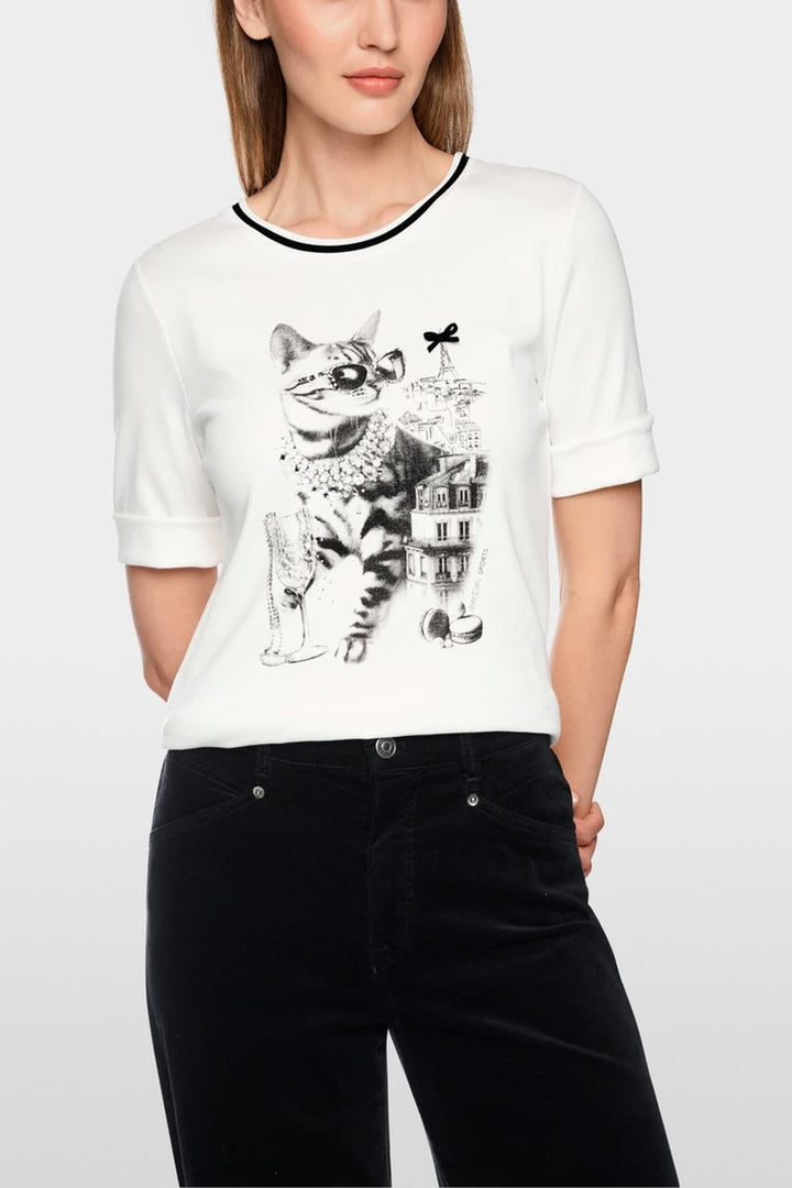 T-shirt imprimé chat avec détails bijoux vue de face pour femme Marc Cain