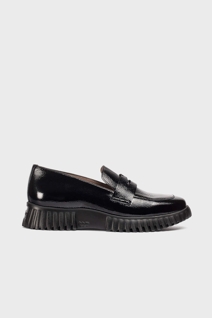 Patent loafers with lug soles 