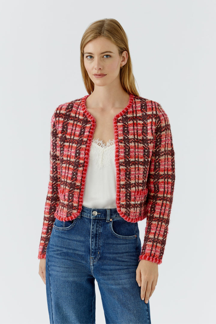 Front view of a short checked knit jacket for women by Oui