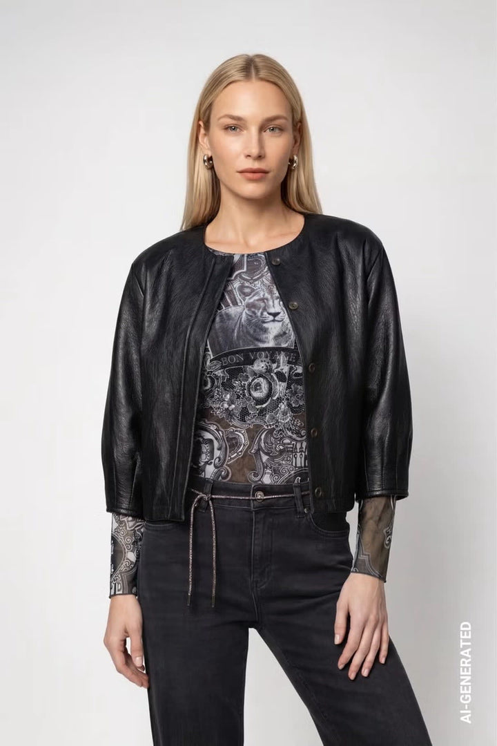 Veste en similicuir noir à manches ballon vue de face pour femme Monari