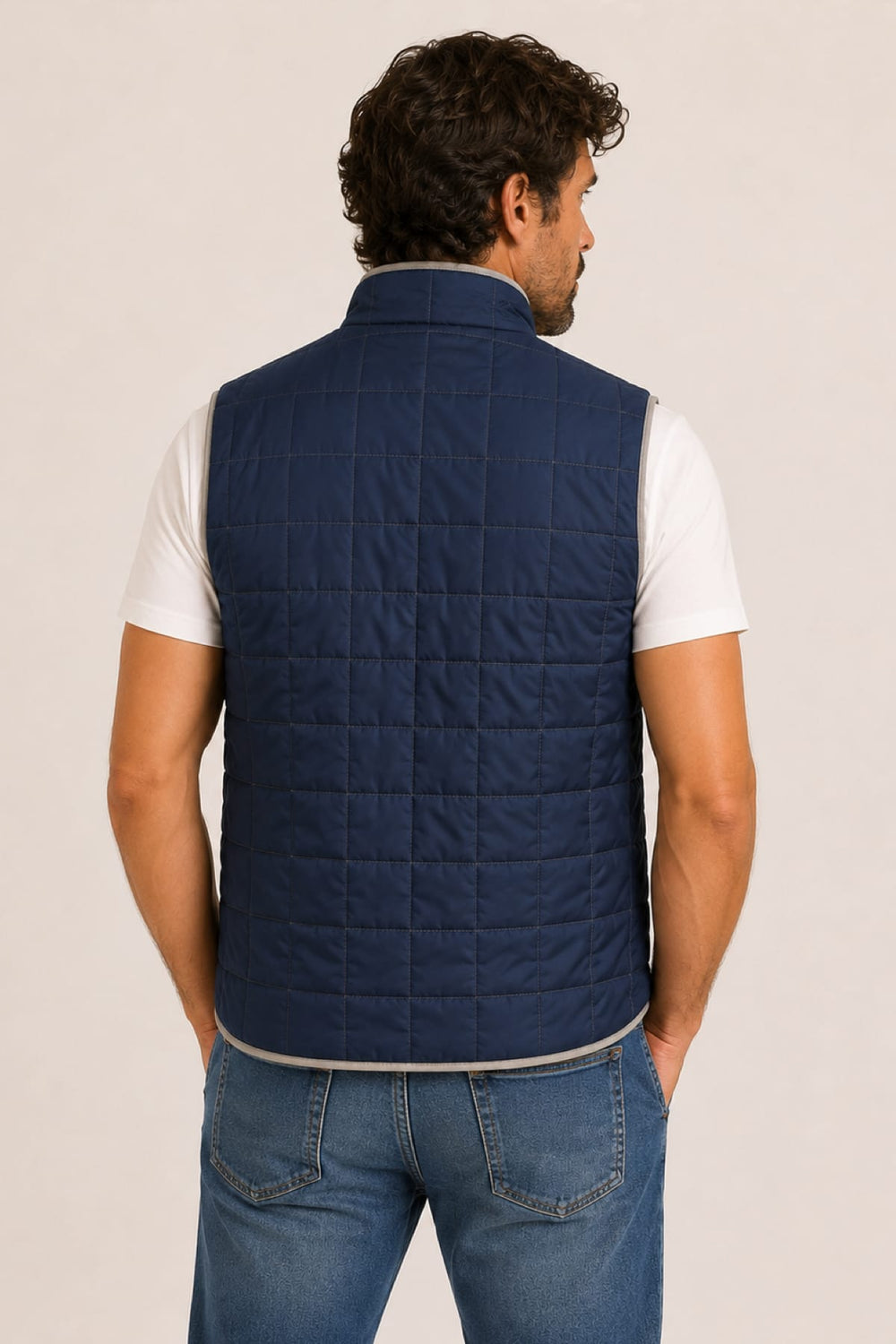 View of the sleeveless jacket Waterville with a blue stand-up collar navy - Valérie Simon