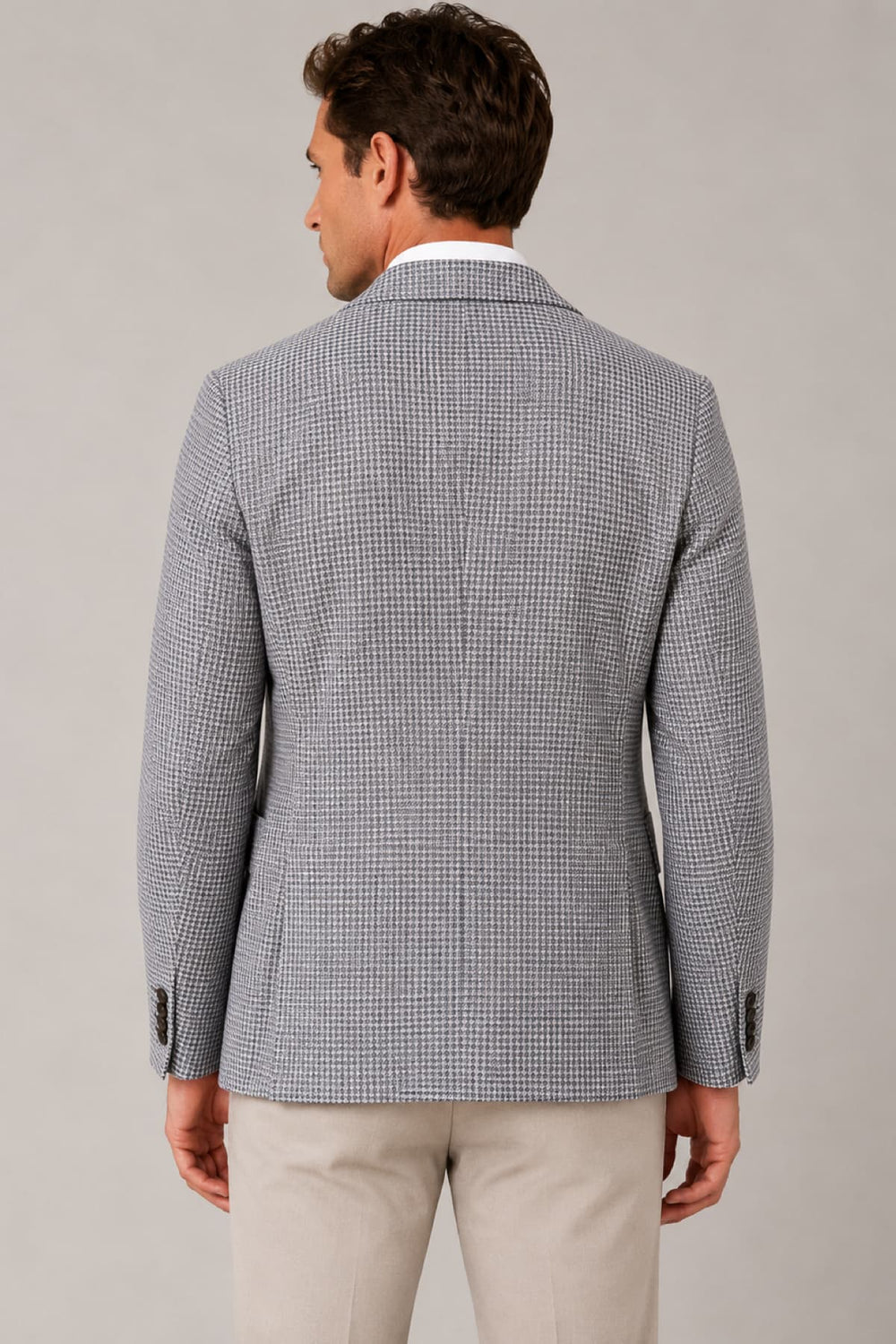 Front view of a Jack Victor men's gray jacket with a textured micro-check pattern and flap pockets - Valérie Simon