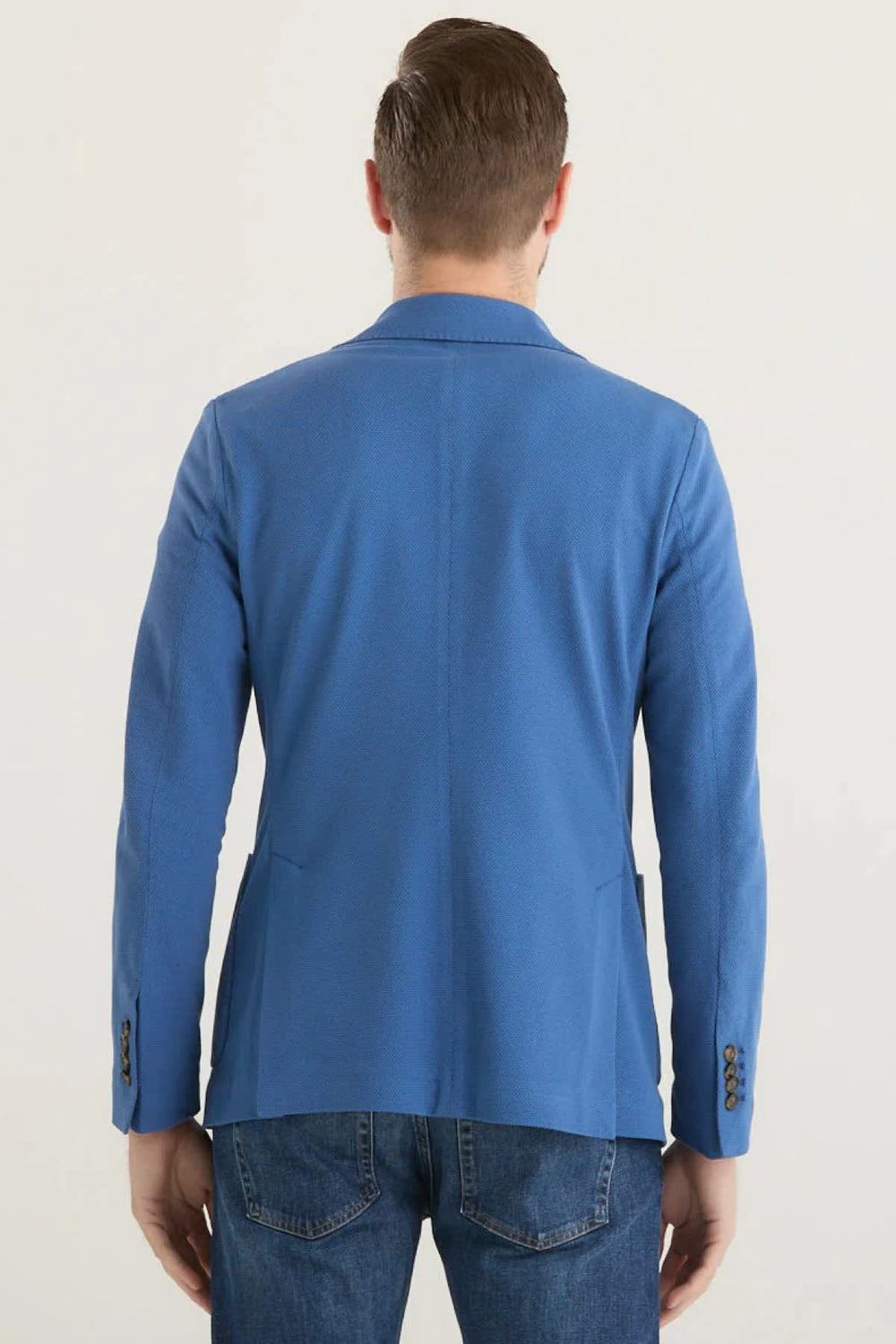 Circolo men's stretch knit jacket, front view, colour gray, distinctive buttons - Valérie Simon
