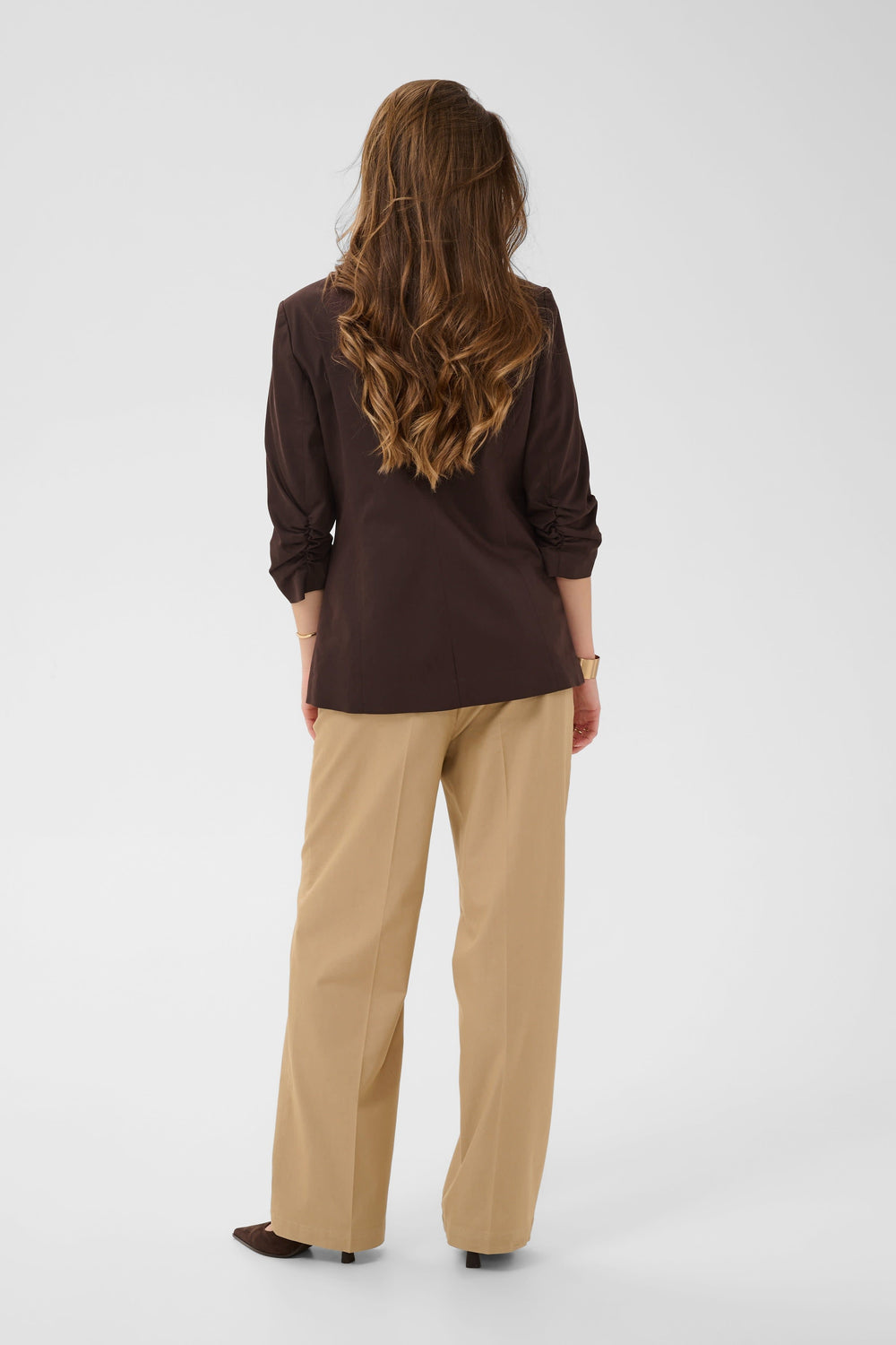 Front view of women's jacket Cream with a single elegant black button - Valérie Simon