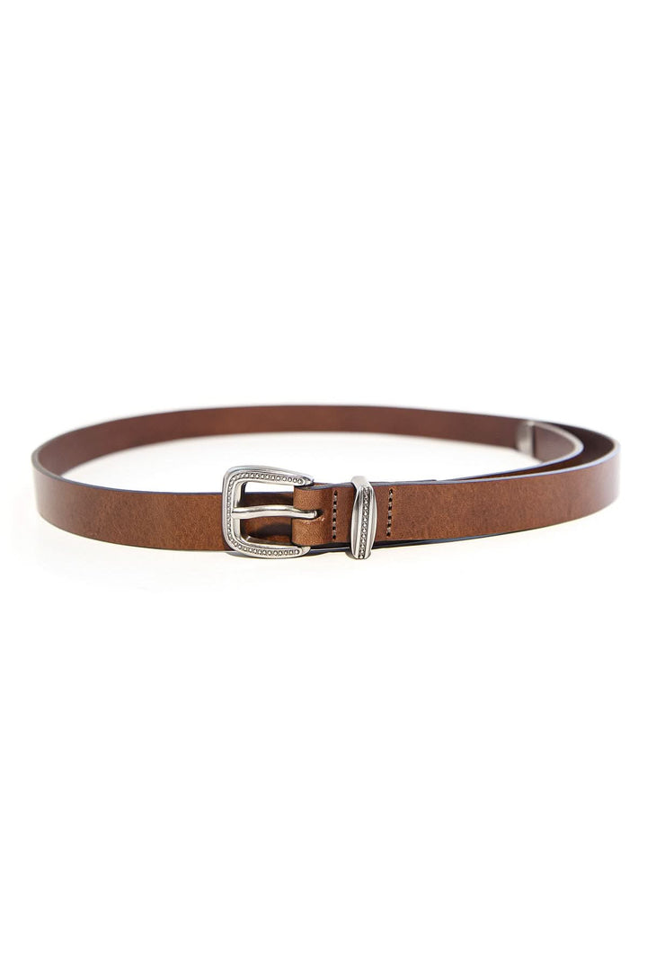 Ceinture mince en cuir marron avec boucle en métal, idéale pour définir la taille et superposer sur des robes.