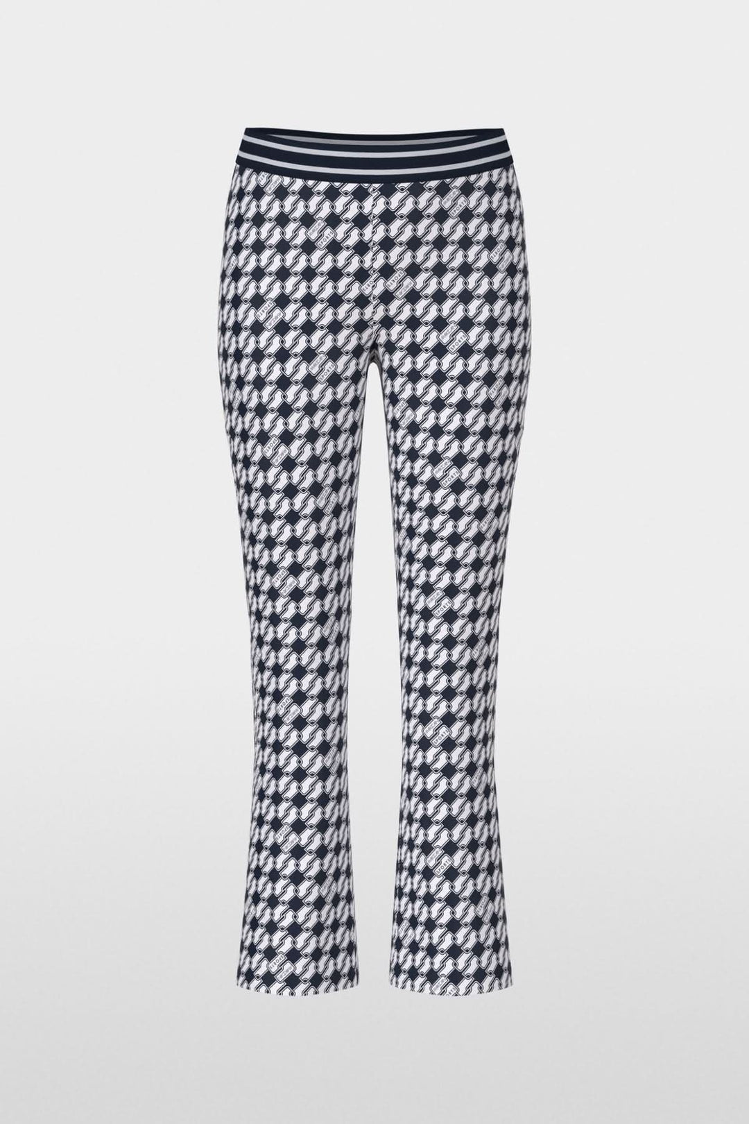 Pantalon FREDERICA imprimé Cube graphique, coupe féminine, taille élastique à rayures, tissu scuba extensible.