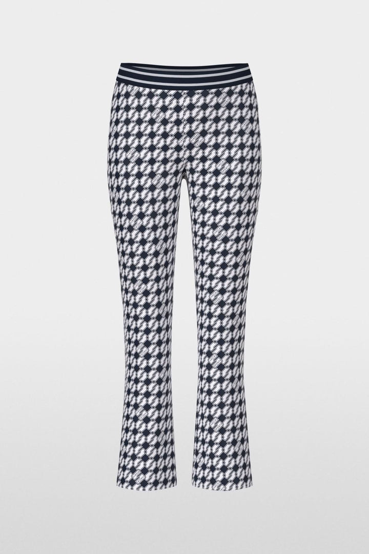 Pantalon FREDERICA imprimé Cube graphique, coupe féminine, taille élastique à rayures, tissu scuba extensible.