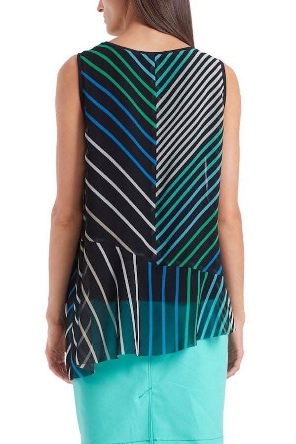 Camisole lignée noire et verte, avec motifs rayés en polyester et coton, style moderne et élégant.