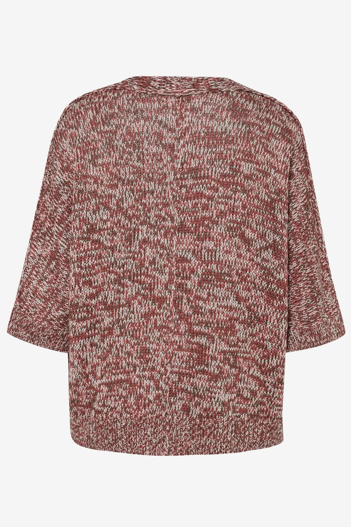 Cardigan Amie pour femme, design tendance en maille fantaisie, vue arrière, couleur rouge et crème.
