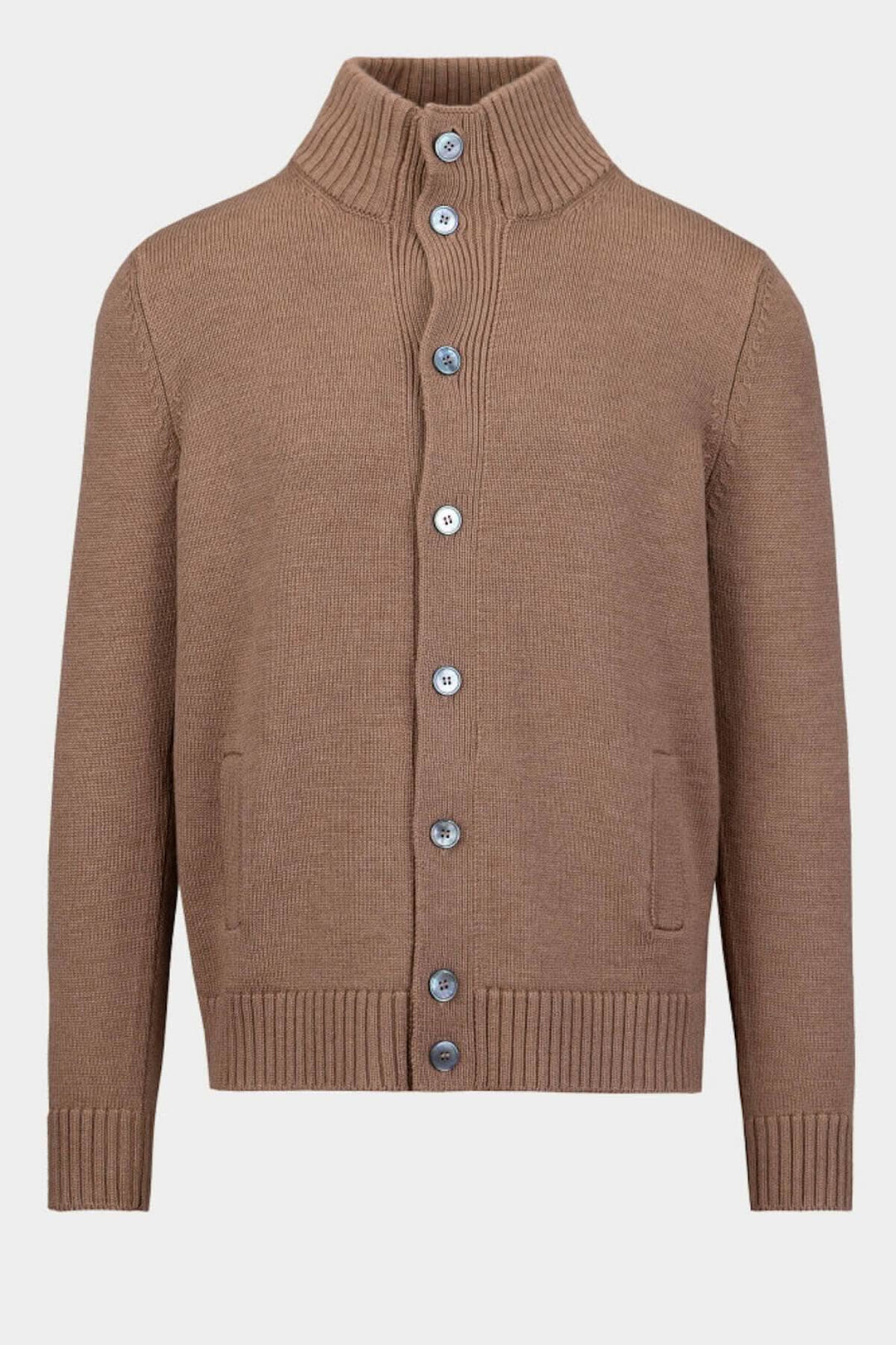 Cardigan Gran Sasso caramel en laine, confortable, avec boutons et col montant, fabriqué en Italie.