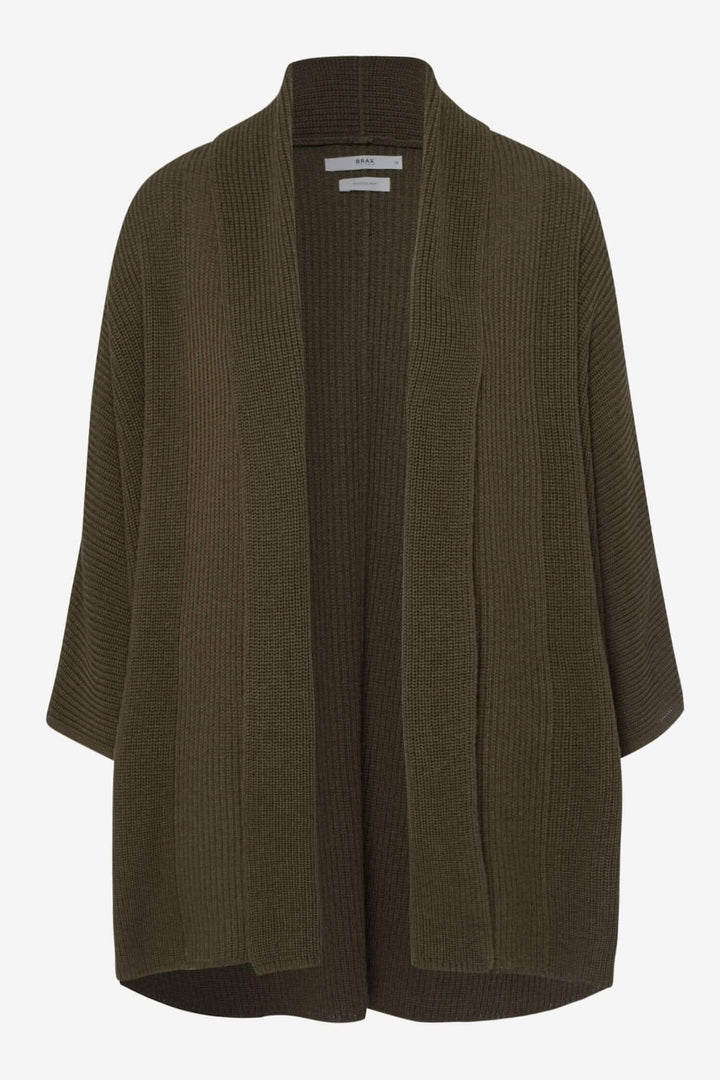 Cardigan Taylor en laine mélangée, style décontracté avec col châle, couleur olive, look moderne.