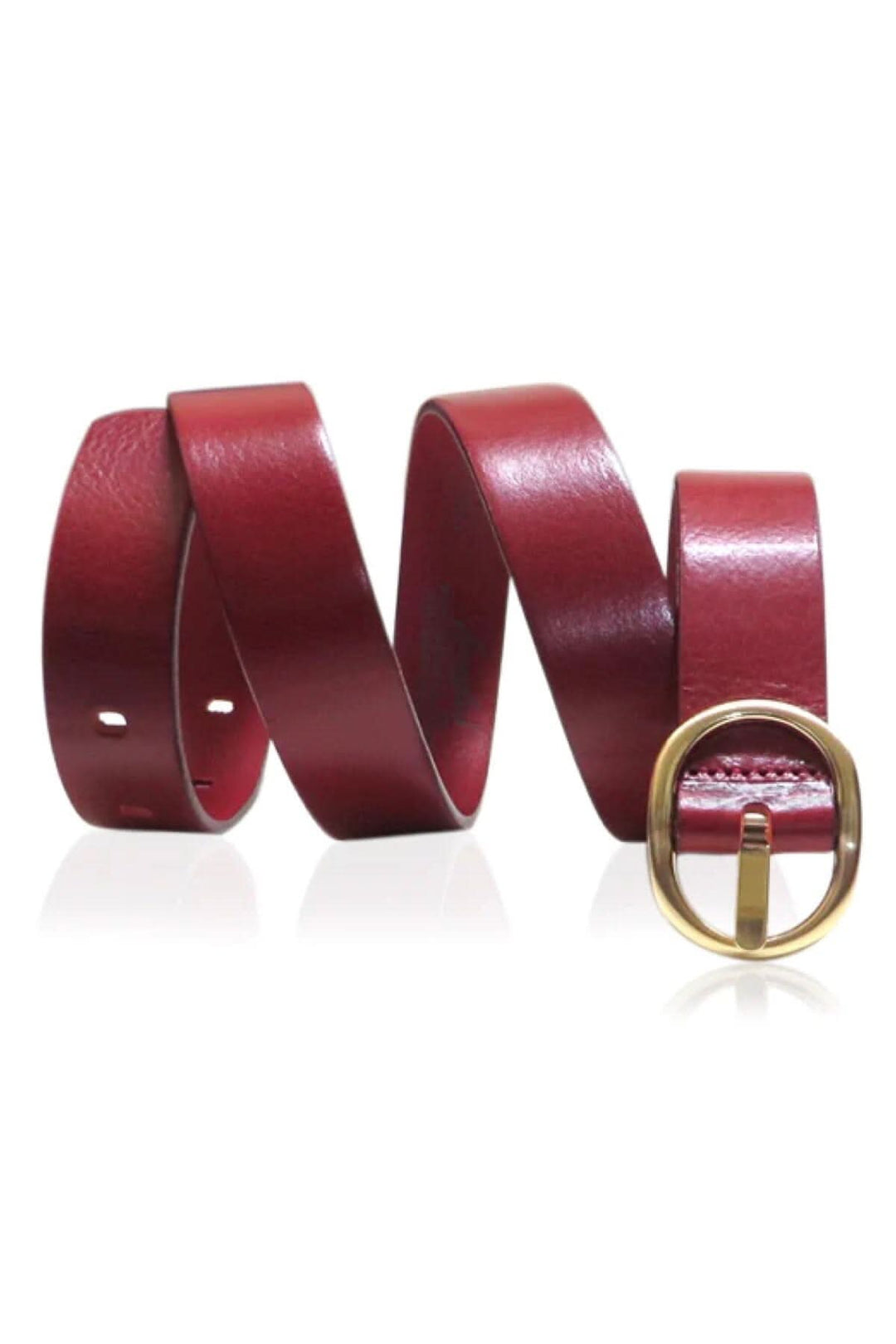 Ceinture en cuir rouge avec boucle en satin doré, idéale pour jeans, fabriquée au Canada.