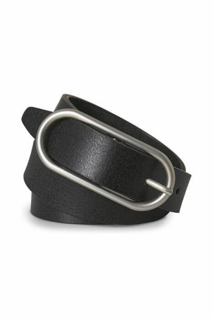 Ceinture Erleta en cuir noir, boucle argentée, style moderne et élégant, idéale pour compléter votre tenue.