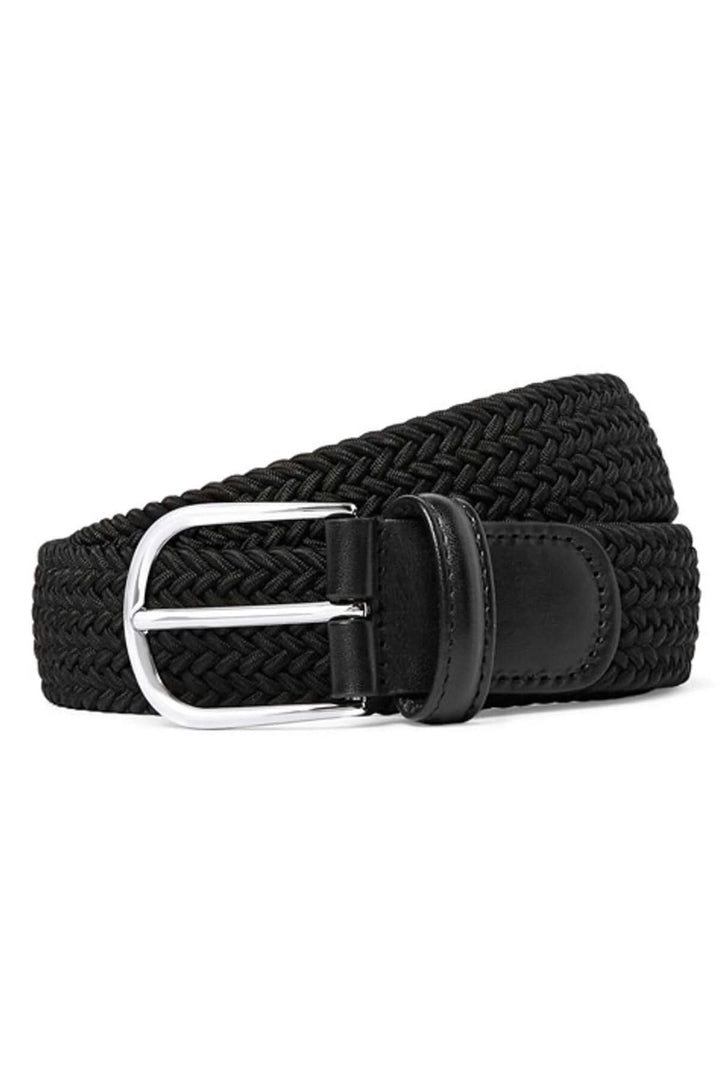 Ceinture extensible en tissu noir tissé avec boucle incurvée en métal, élégante et durable.