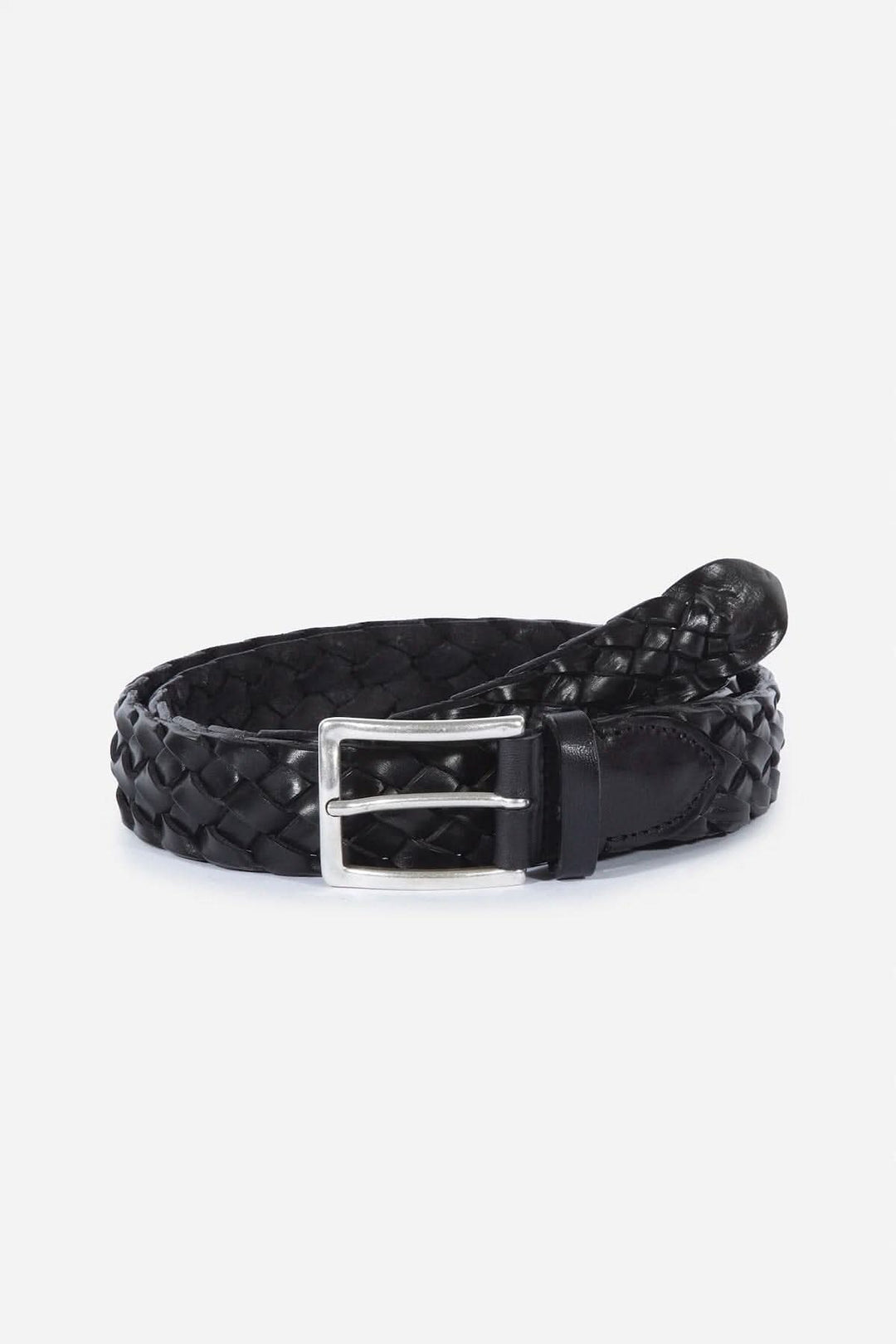 Ceinture tressée en cuir noir de Gavazzeni avec boucle en nickel vieilli, 3 cm de large, fabriquée en Italie.
