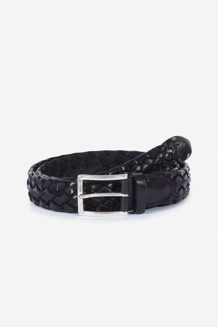 Ceinture tressée en cuir noir de Gavazzeni avec boucle en nickel vieilli, 3 cm de large, fabriquée en Italie.
