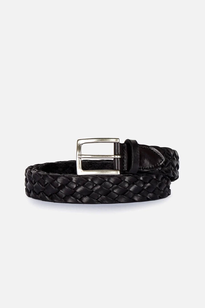 Ceinture tressée en cuir noir de Gavazzeni avec boucle en nickel vieilli, style européen.