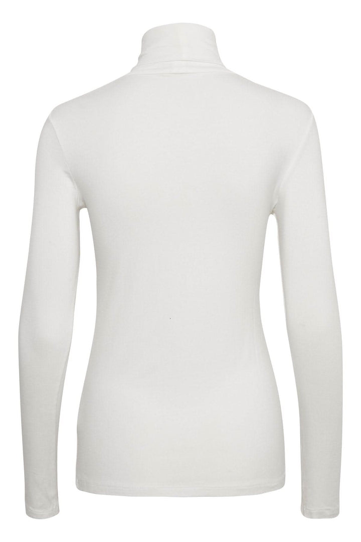 Chandail à col roulé blanc, à manches longues, coupe ajustée, vue arrière, 95% viscose, 5% élasthanne, entretien facile.