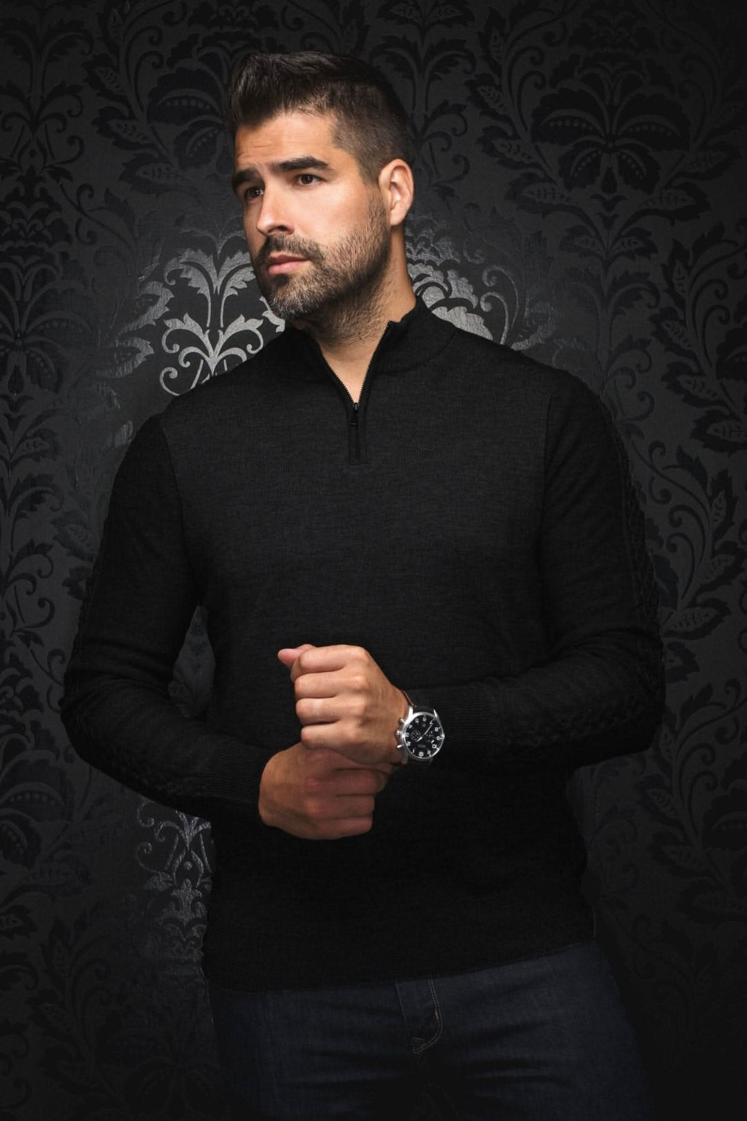 Chandail col avec zip en mérinos Mesta noir Homme - Chandail - Chandail AU NOIR