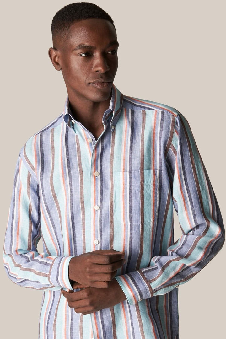 Chemise en lin multi-rayures, décontractée et élégante, parfaite pour l&