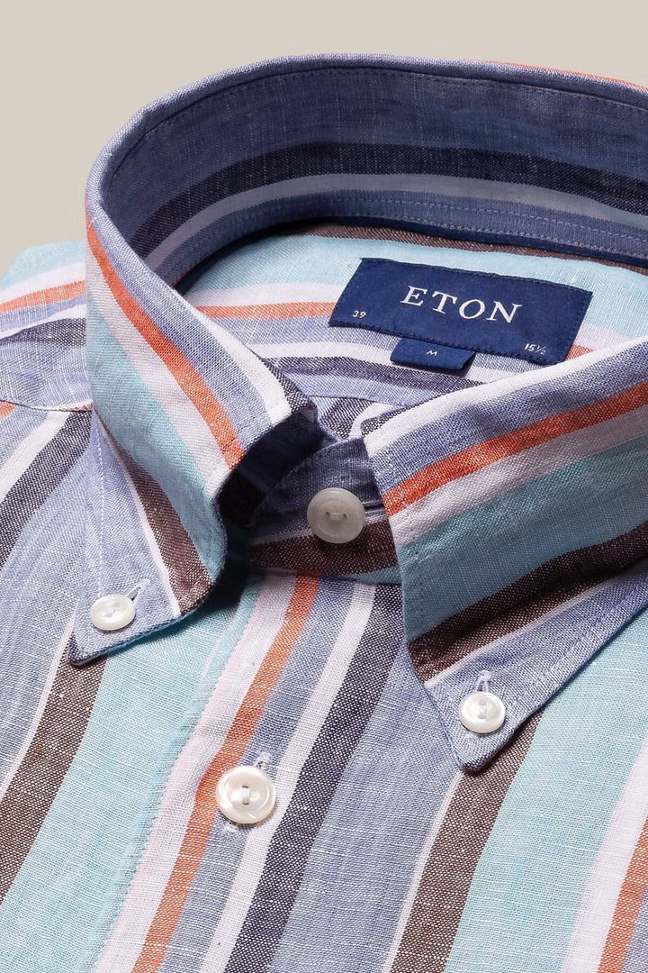 Chemise en lin multi-rayures, tissée en Italie, légère et confortable, parfaite pour l&