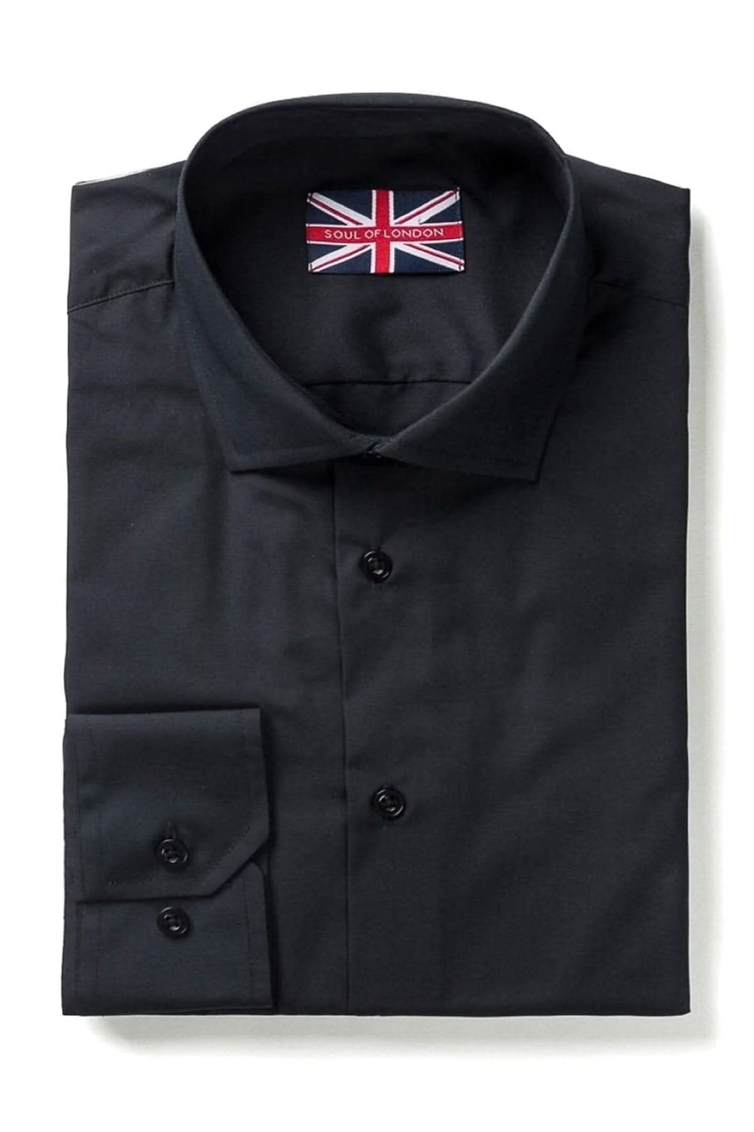 Chemise habillée noire à coupe régulière, finition sans repassage et col évasé, idéale pour un look quotidien.