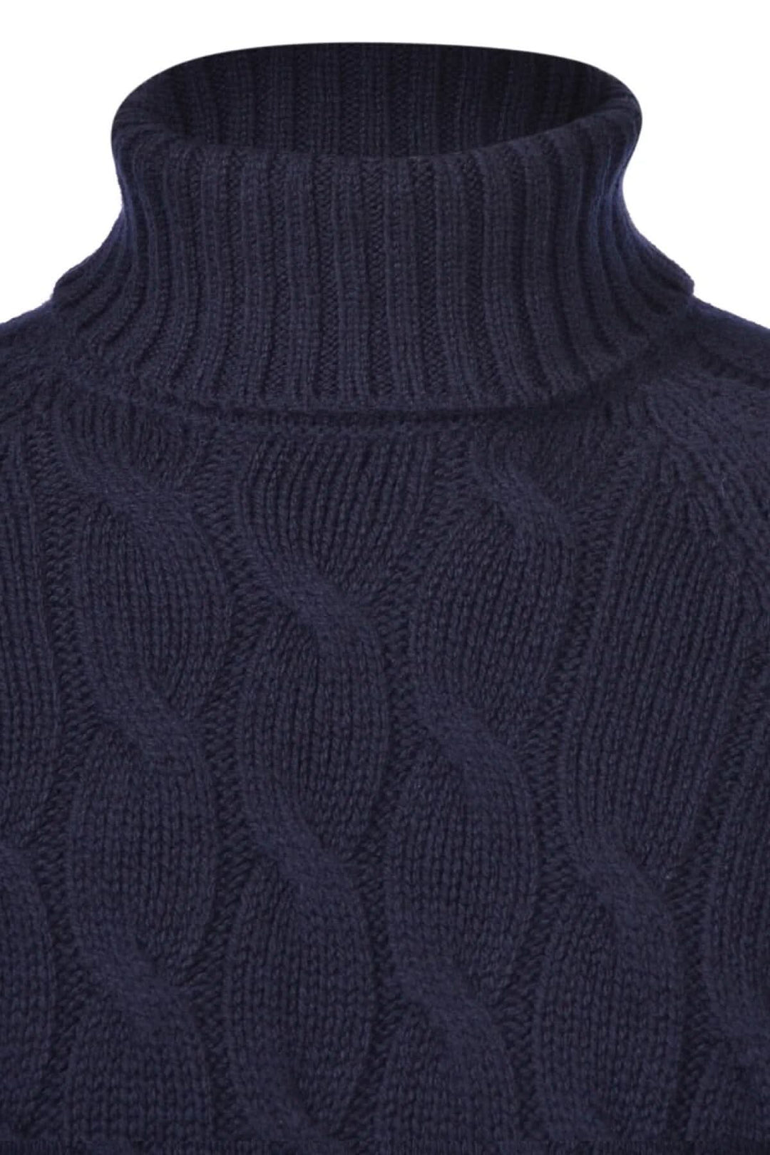 Col roulé en laine bleu foncé, tricot à motif torsadé, parfait pour l'hiver.