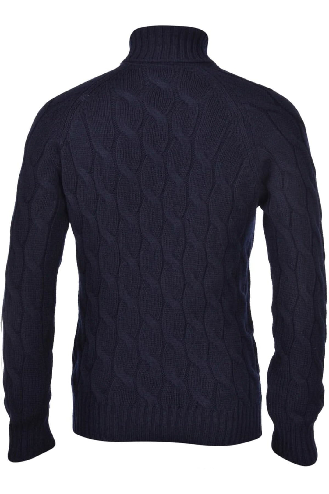 Pull en laine bleu à col roulé, vue arrière, avec un motif torsadé.