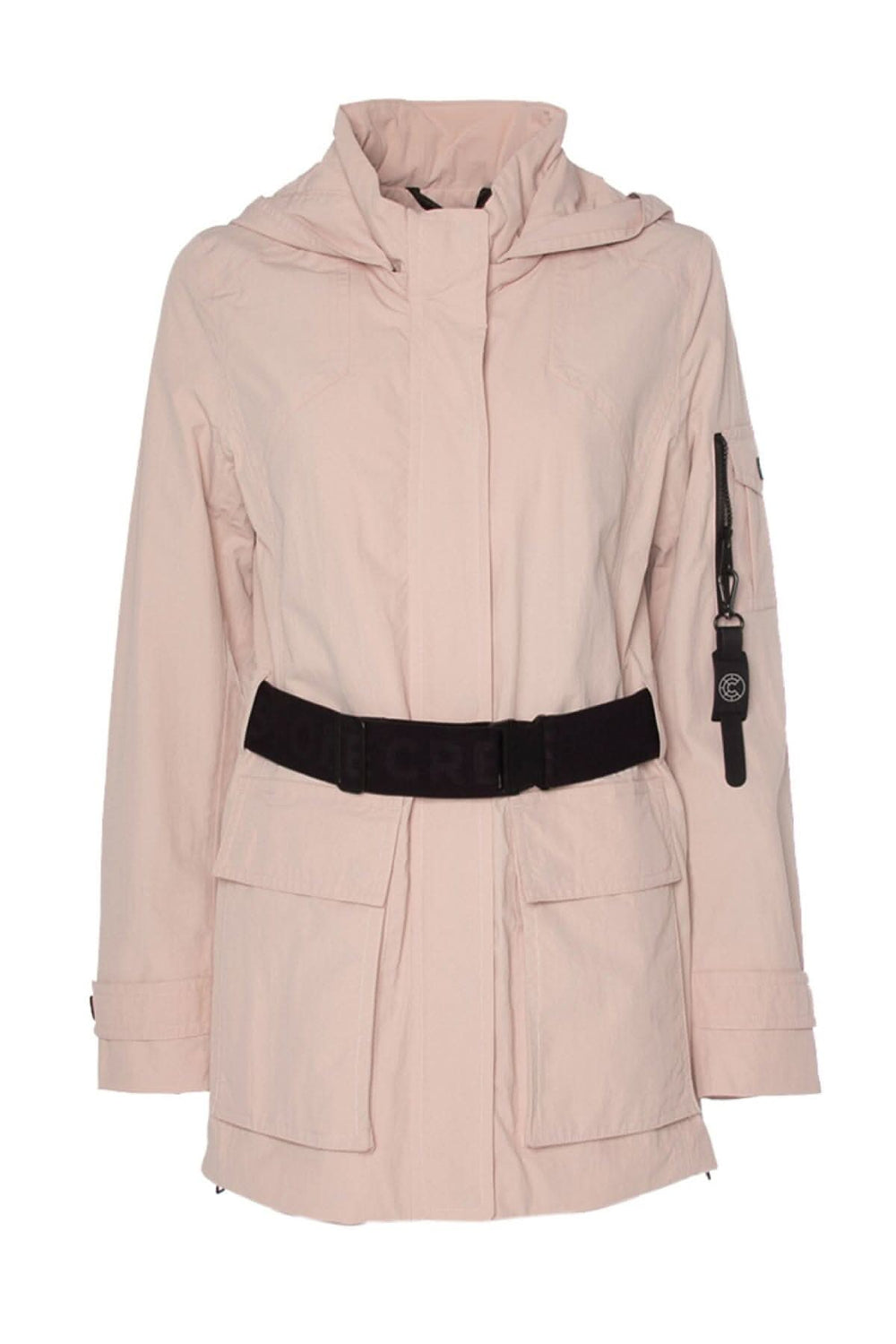 Veste rose avec capuche et ceinture, affichant une coupe moderne et des poches pratiques.
