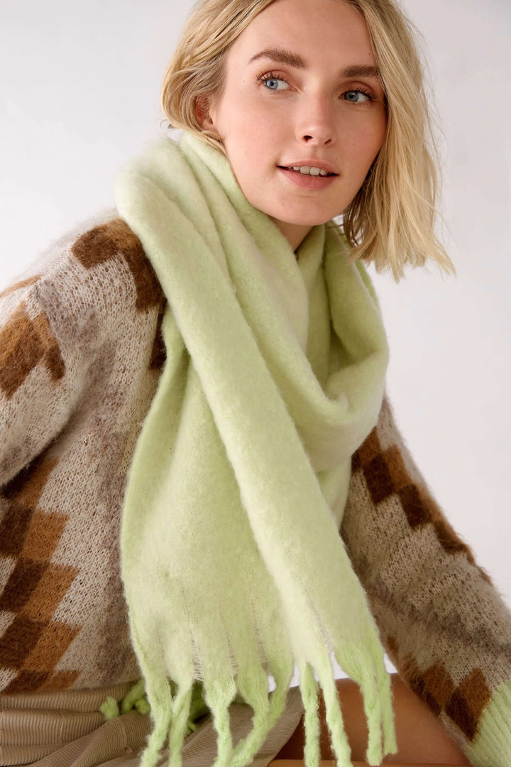 Écharpe en laine verte portée par un mannequin avec un pull à motifs. Style moderne et franges élégantes.