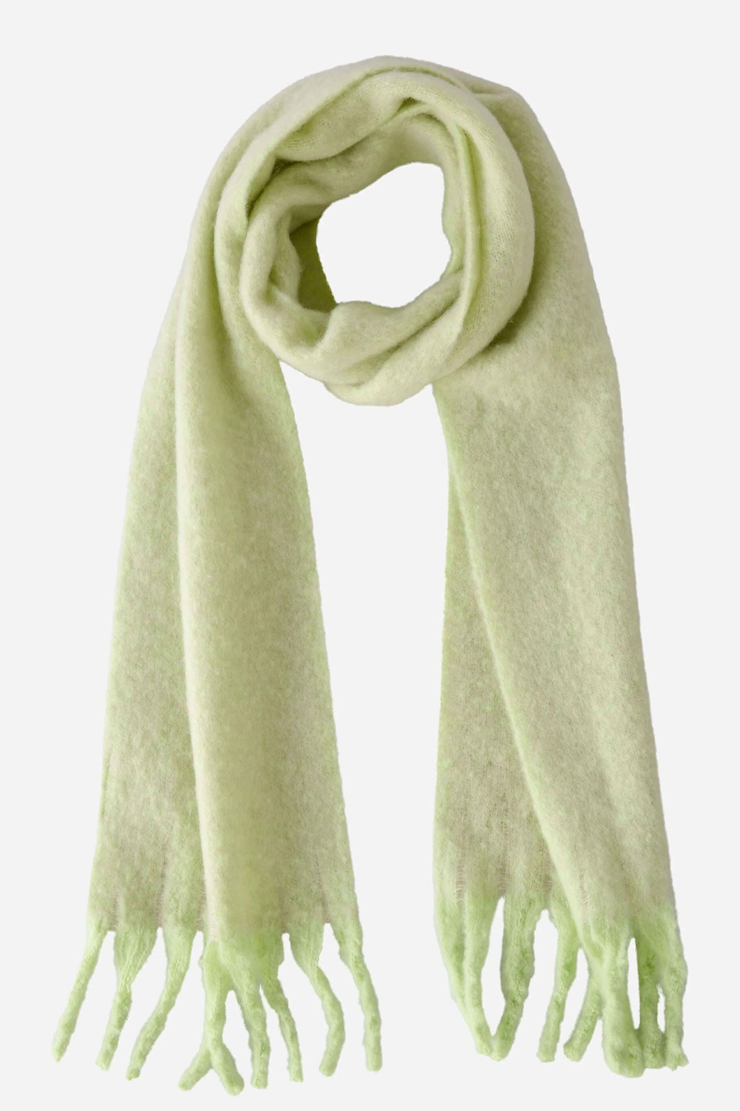 Écharpe en laine vert clair avec franges, parfaite pour un look moderne et élégant.