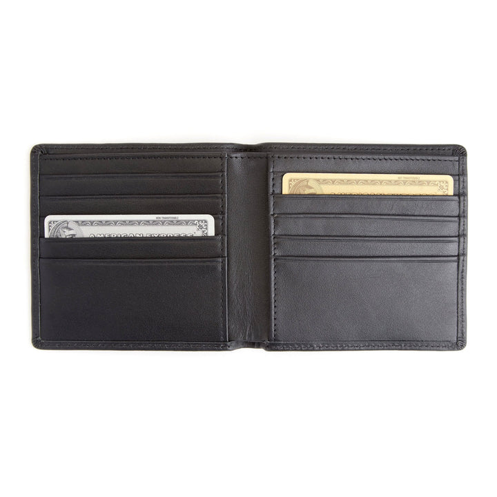 Interior view of an executive bifold wallet featuring 10 card slots and cash compartment, crafted from full grain leather.