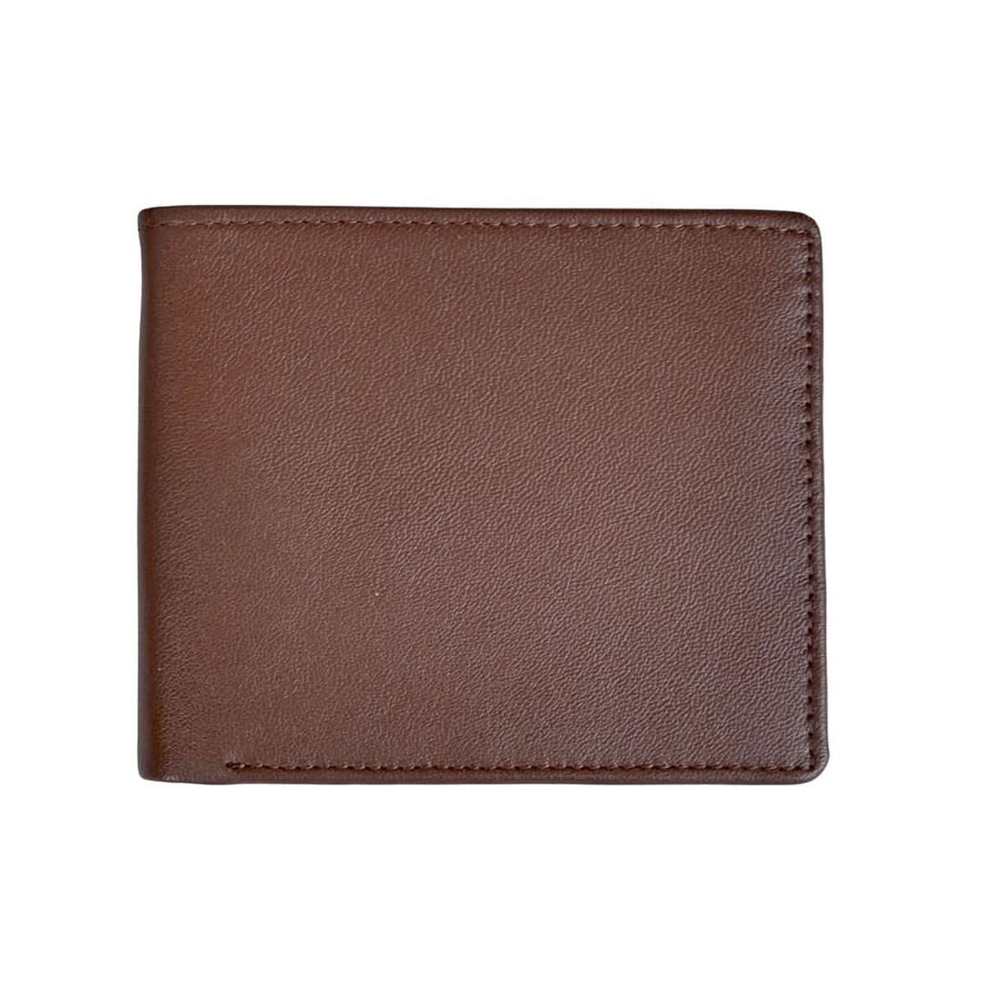 Executive bifold wallet in rich brown leather, featuring 10 card slots and cash compartment, customizable monogram option.