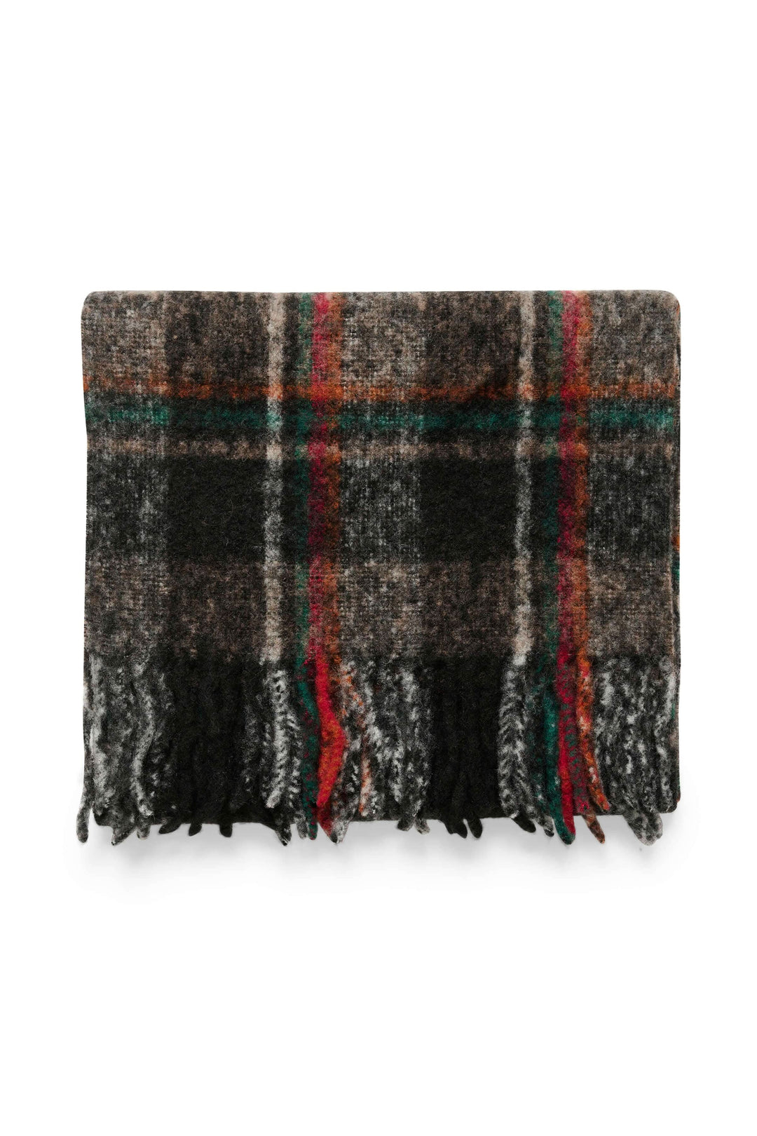 Foulard Cumo à carreaux en laine et alpaga avec franges, mélange de couleurs chaudes et textures douces.