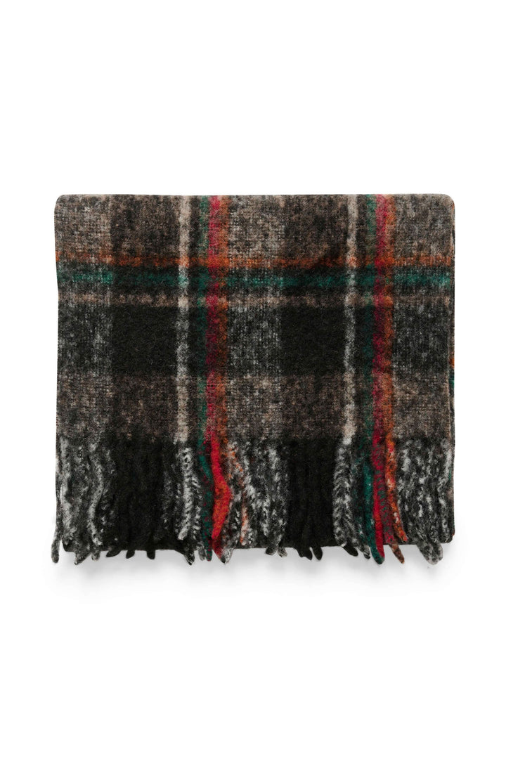 Foulard Cumo à carreaux en laine et alpaga avec franges, mélange de couleurs chaudes et textures douces.
