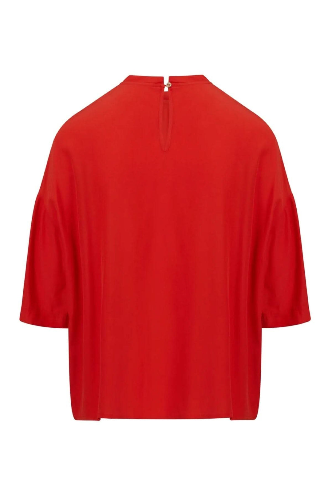 Haut rouge avec manches midi et fermeture à boutons au dos, coupe ample et ourlet arrondi.