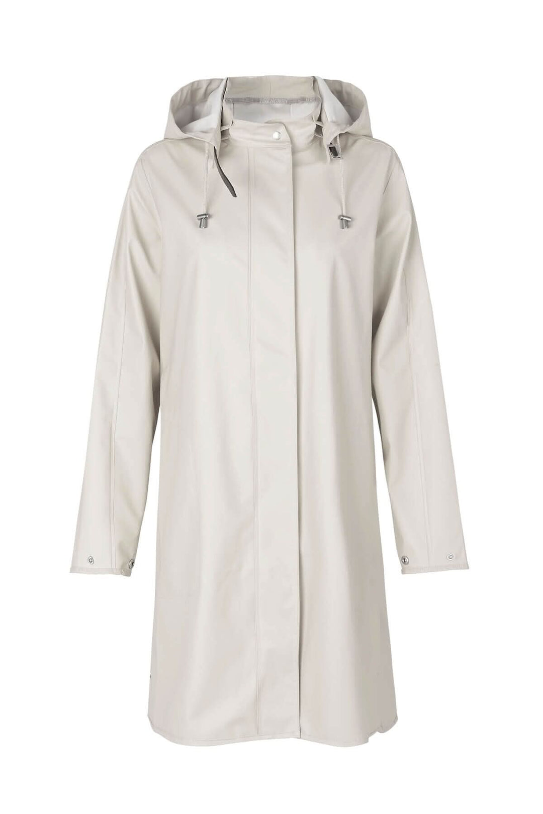 Imperméable féminin léger avec capuche détachable et poches latérales, couleur claire.