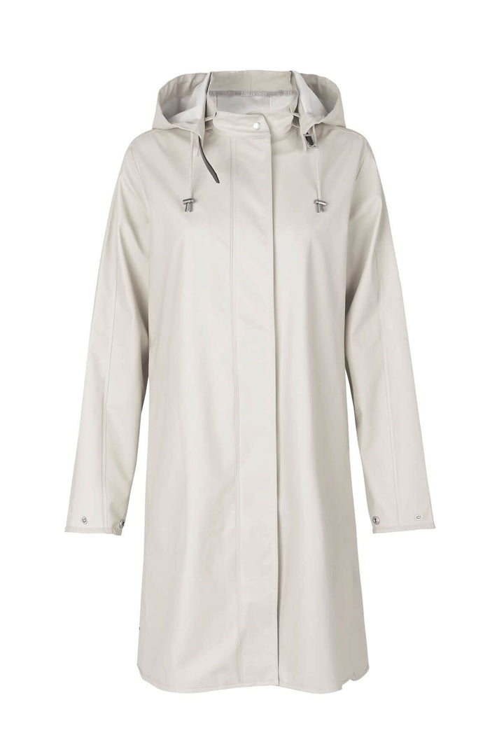 Imperméable féminin léger avec capuche détachable et poches latérales, couleur claire.