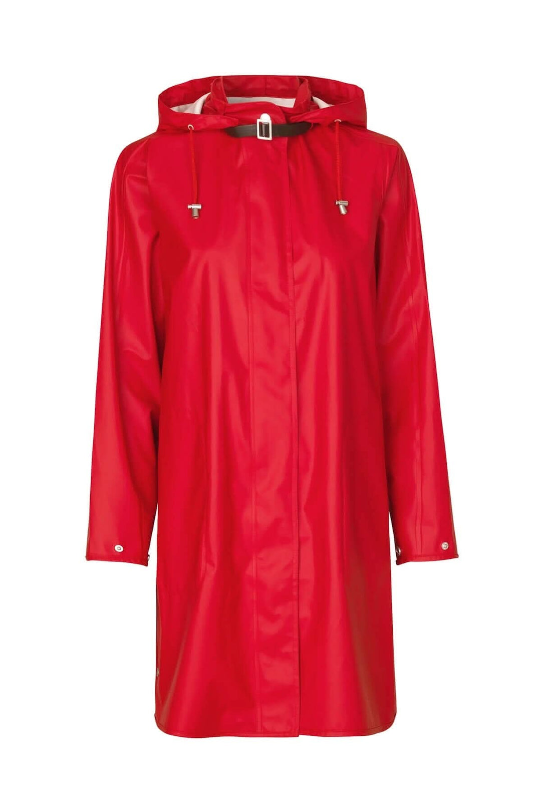 Imperméable féminin rouge avec capuche détachable et poches latérales, parfait pour les jours de pluie.