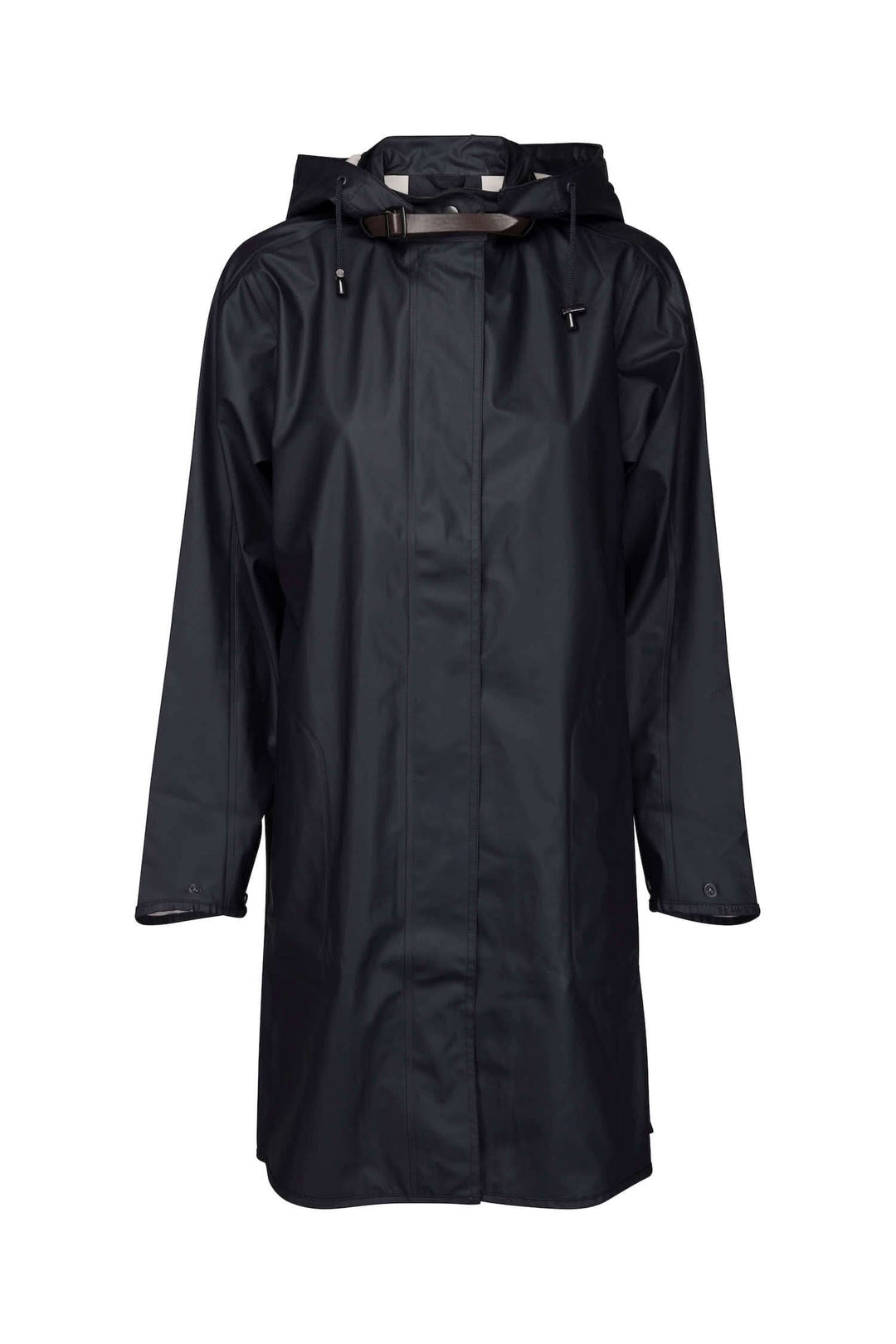 Imperméable féminin noir avec capuche détachable, poches latérales et fermeture éclair.
