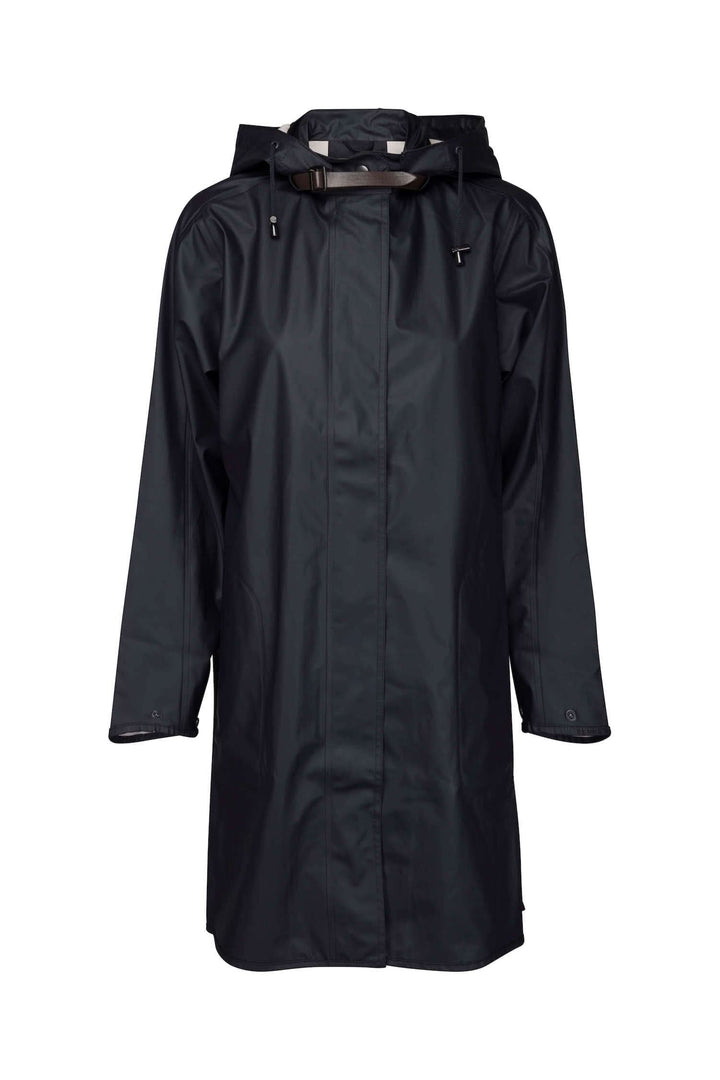 Imperméable féminin noir avec capuche détachable, poches latérales et fermeture éclair.