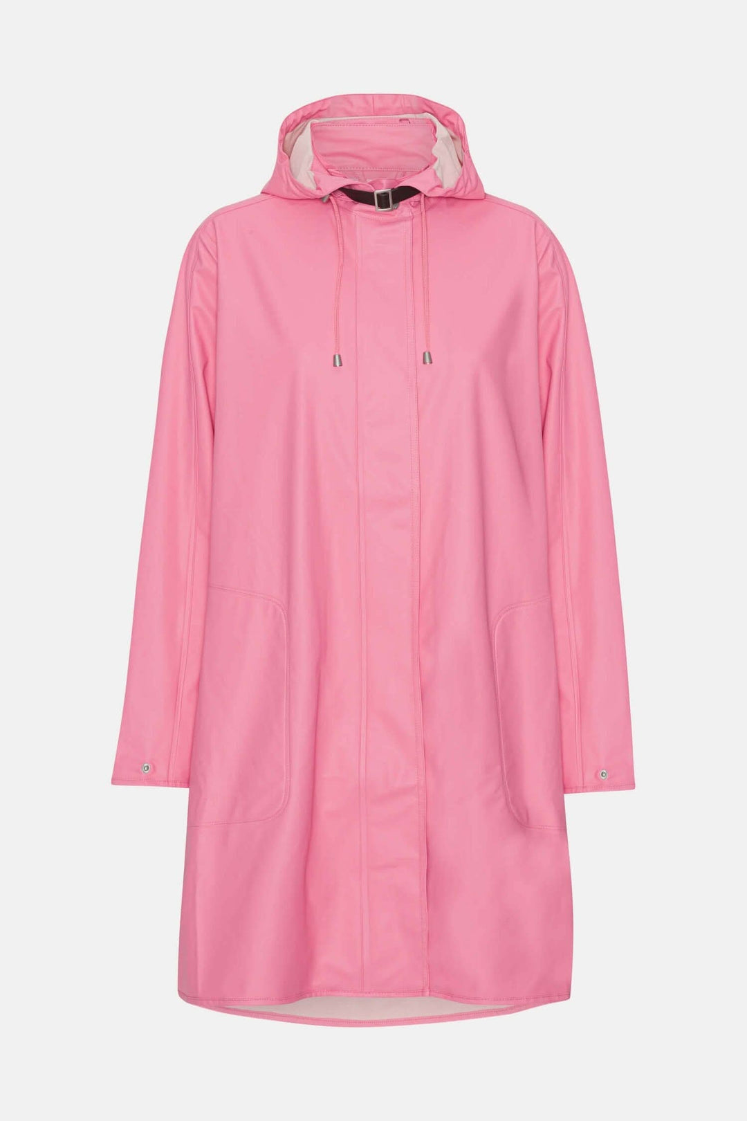 Imperméable féminin rose avec capuche détachable et poches latérales, léger et résistant aux intempéries.
