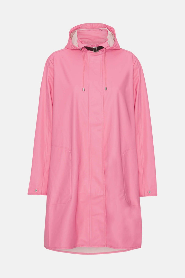 Imperméable féminin rose avec capuche détachable et poches latérales, léger et résistant aux intempéries.
