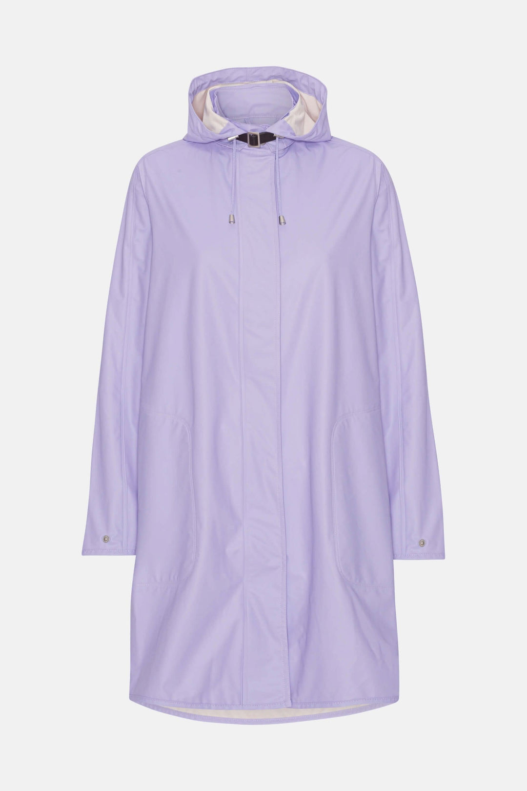 Imperméable féminin léger à capuche détachable en couleur lavande, avec poches latérales et fermeture à glissière.