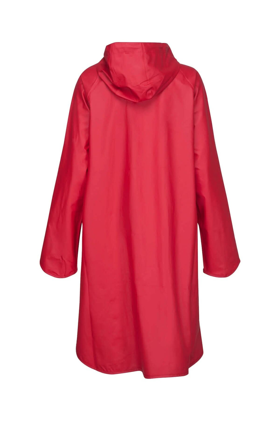 Imperméable féminin rouge avec capuche détachable, vue arrière, léger et résistant aux intempéries.