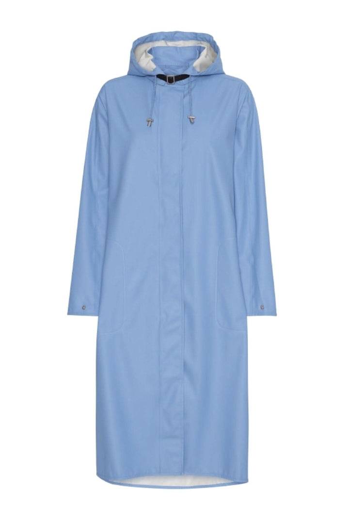 Imperméable féminin léger à capuche détachable et poches latérales, couleur bleue.